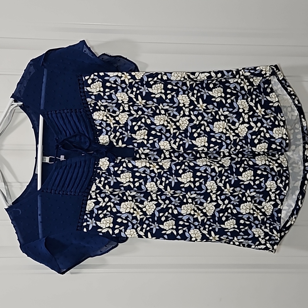 Daniel Rainn Top Stitch Fix Swiss Dot Cap Sleeve Blouse Floral Blue Boho